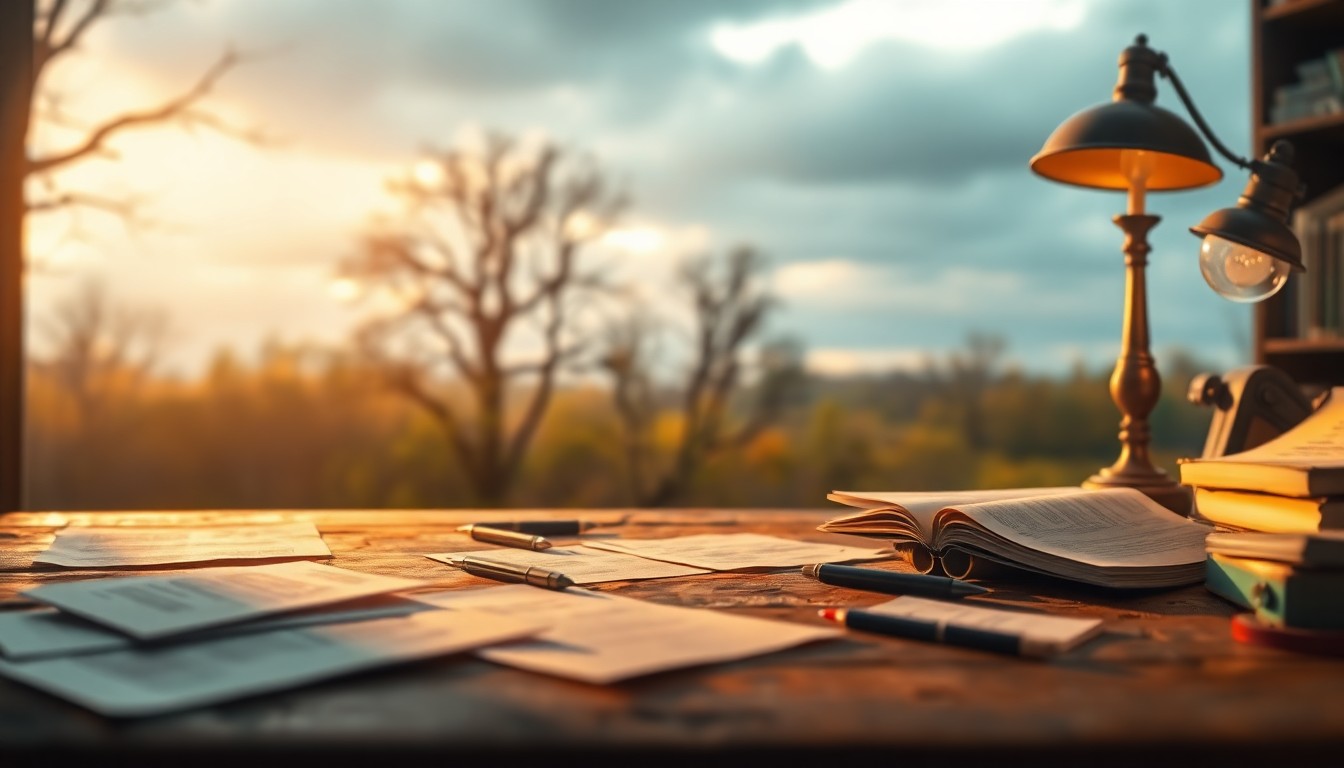 An abstract, impressionistic scene of a cozy, vintage-inspired workspace, with soft, hazy light and blurred natural elements in the background, conveying the thoughtful, introspective nature of genealogical research.