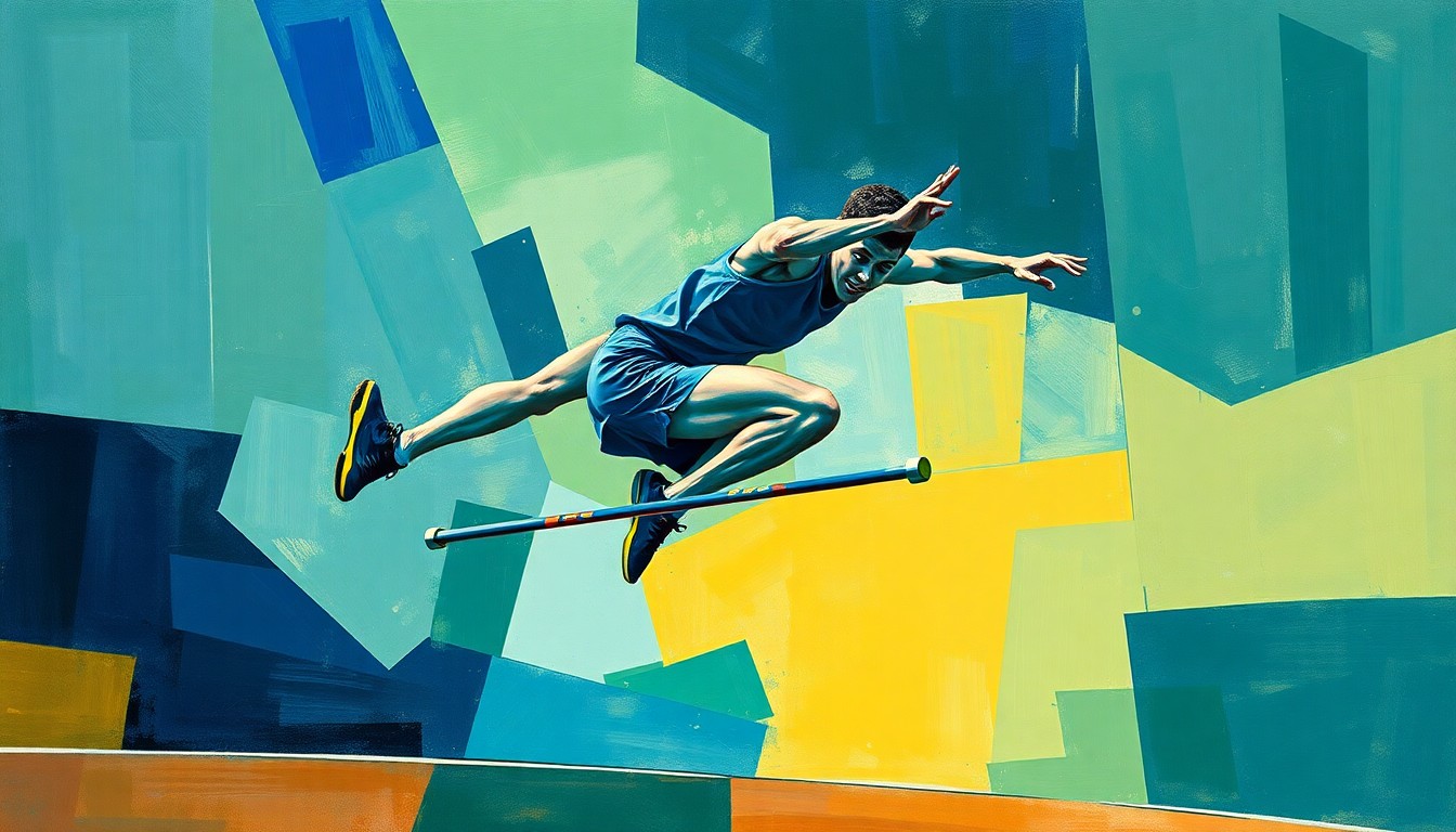 A cubist-style painting depicting a high school track hurdler in mid-leap, with the athlete's form broken down into sharp, overlapping geometric shapes and planes in a palette of deep blues, greens, and golds.