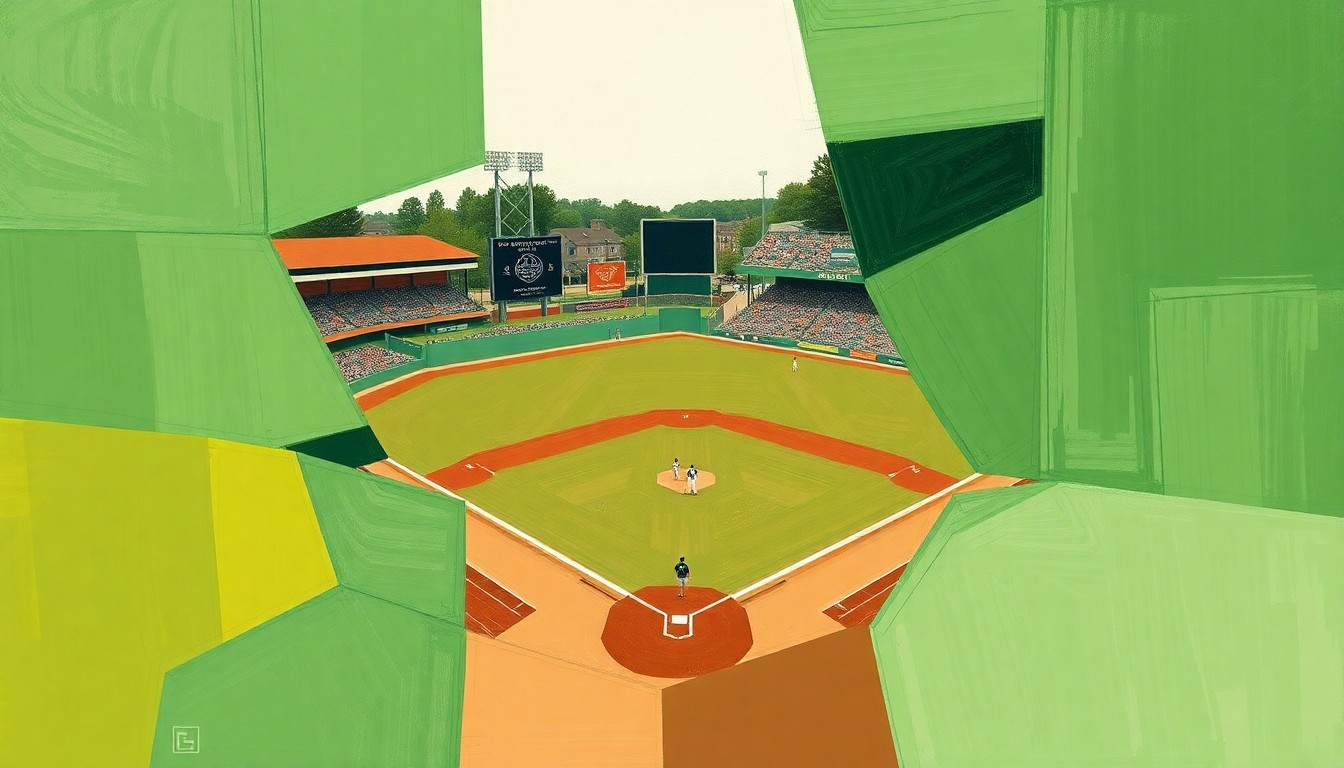A cubist, geometric painting featuring overlapping planes of green, brown, and white, abstractly representing the action and movement of a high school baseball game.