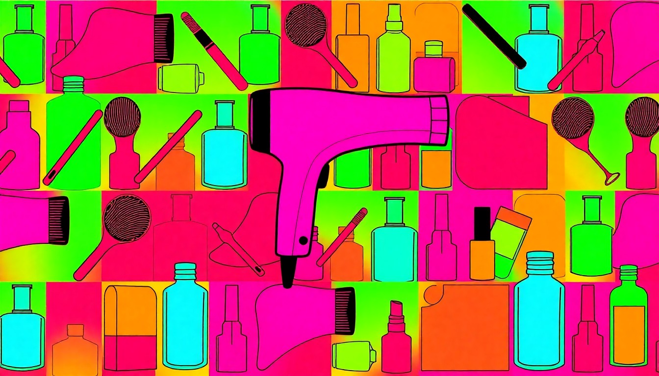A brightly colored, high-contrast silkscreen print of various salon tools and products, such as hairdryers, makeup brushes, and nail polish bottles, repeated in a tight grid pattern to create a modern pop art aesthetic representing the innovative and vibrant spirit of the award-winning salon.
