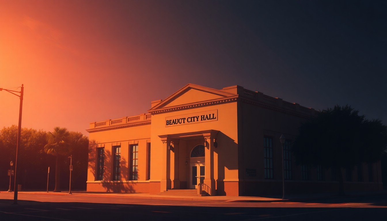 A serene, realist painting of the Beaumont City Hall building, its facade and windows reflecting the warm glow of the afternoon sun, conveying a sense of civic stability and continuity.
