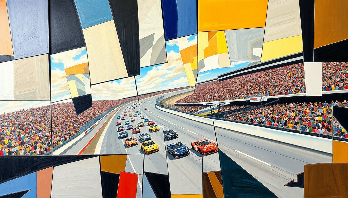 A cubist, geometric painting depicting a NASCAR race at Talladega Superspeedway, with the cars and track broken down into sharp, overlapping planes of color and form, conveying the high-speed intensity and technical complexity of professional motorsports.