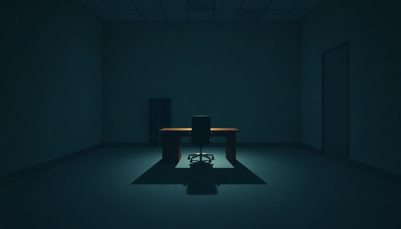 A cinematic painting of a dimly lit, empty office space with a lone desk and chair, bathed in warm, diagonal light and deep shadows, conveying a sense of unease and the weight of political scrutiny.