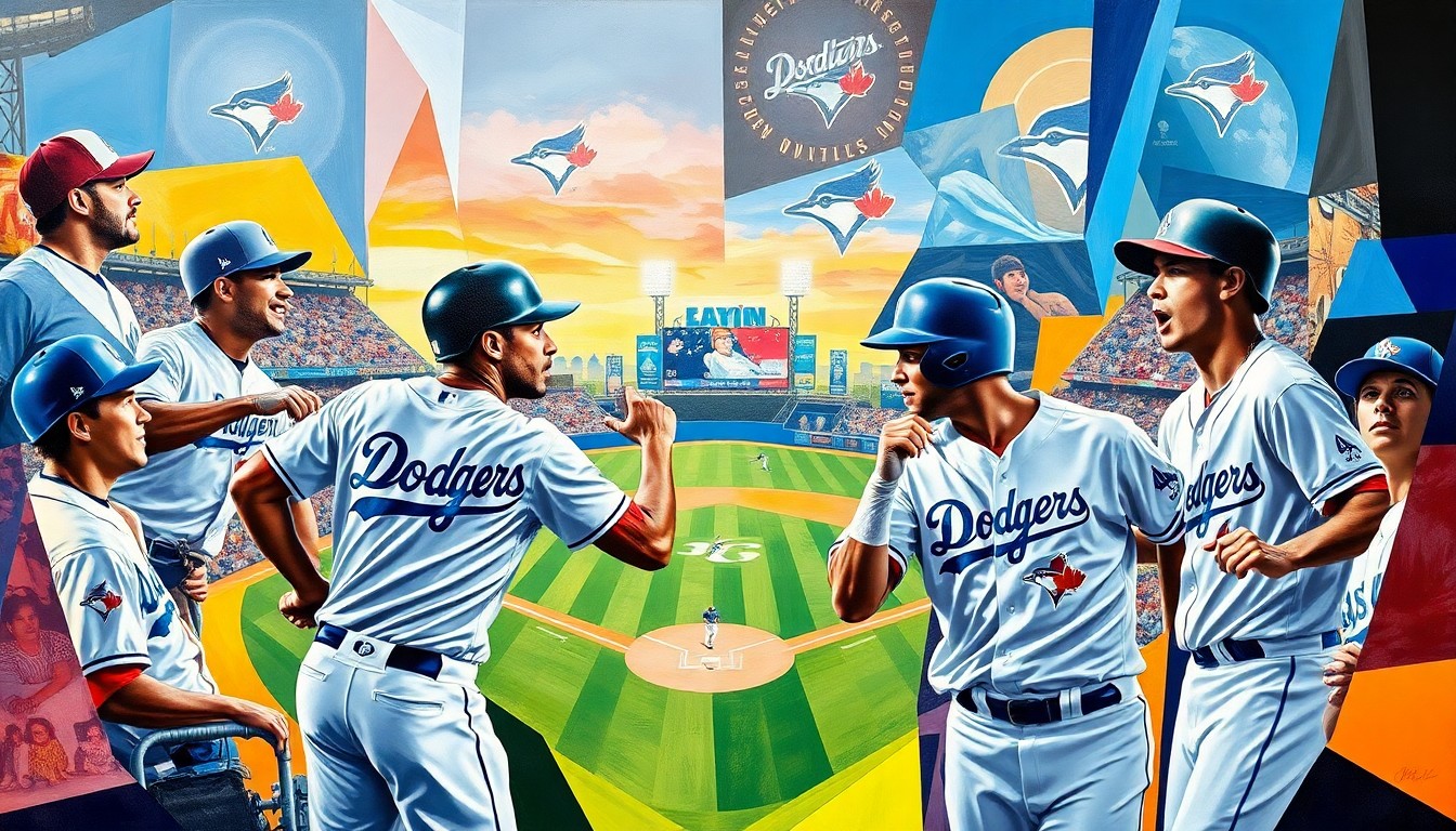 A fractured, geometric painting in the style of Pablo Picasso, featuring overlapping angular shapes in the colors of the Dodgers and Blue Jays uniforms, representing the dynamic energy and uncertainty of a late lineup change in a baseball game.