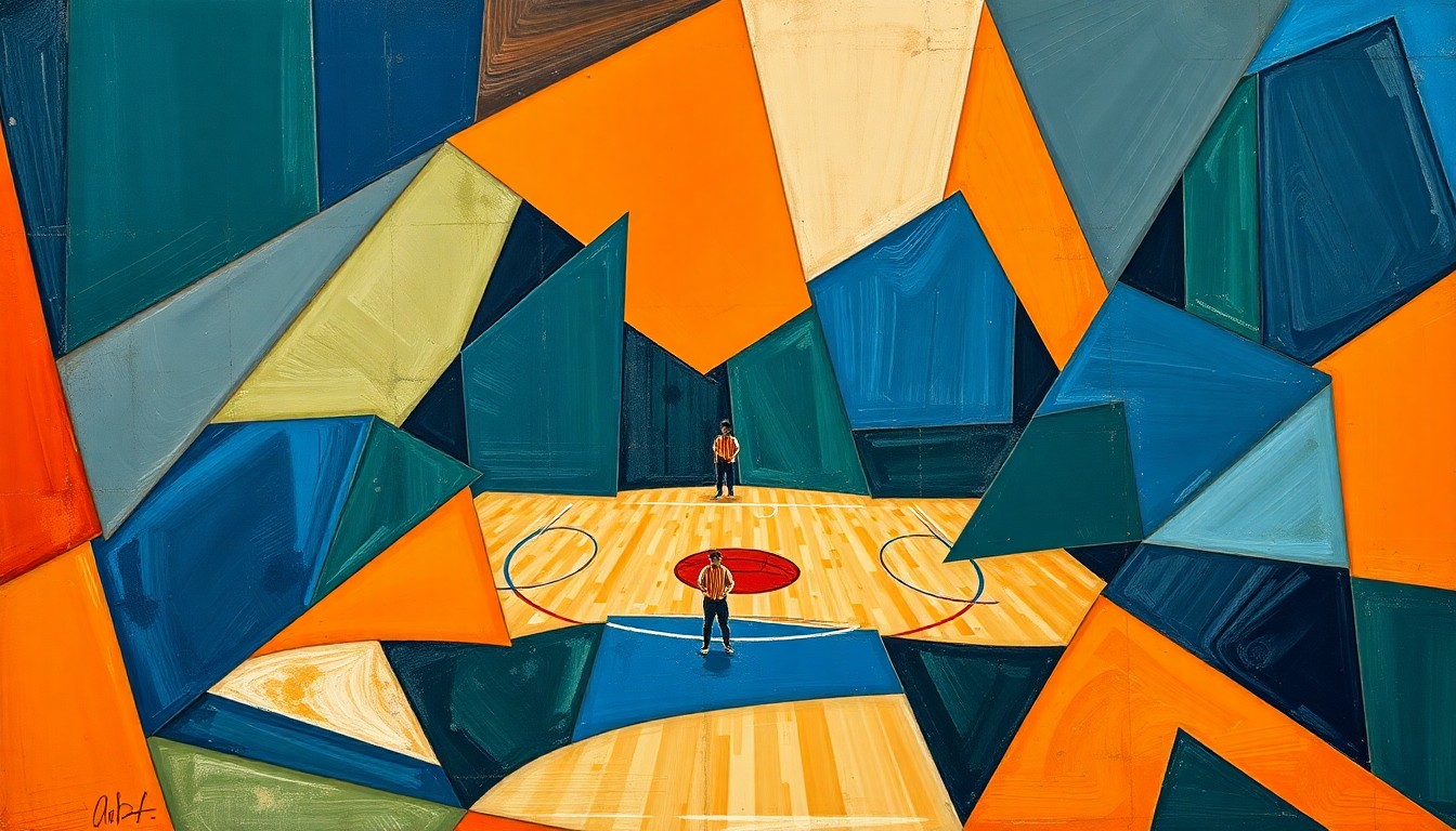 A cubist, geometric painting depicting a fragmented, multi-perspective view of a women's basketball game, with sharp, overlapping planes of navy blue, burnt orange, and forest green, conveying the instability and challenges facing the Virginia women's basketball program.