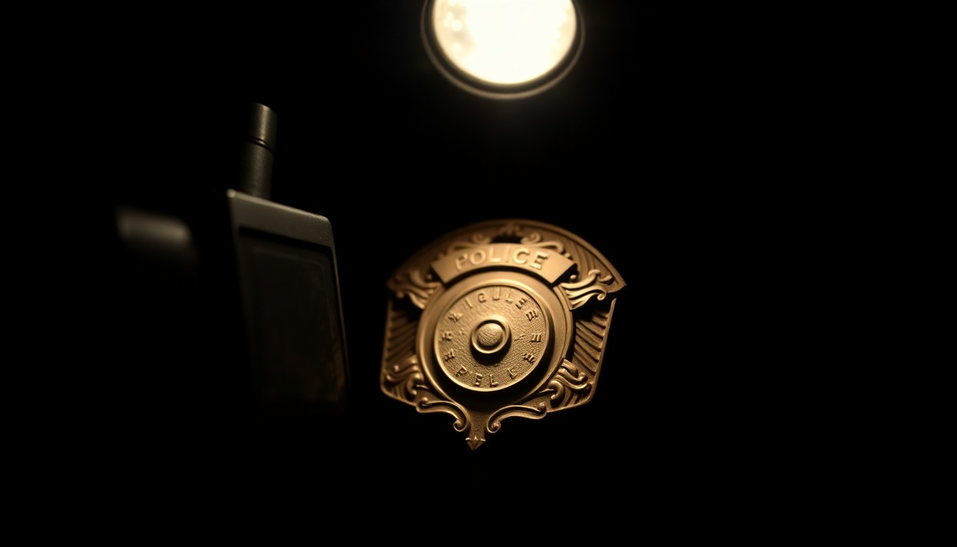 An extreme close-up of a police badge reflecting a bright, harsh flash of light, conveying the serious, investigative nature of the incident.