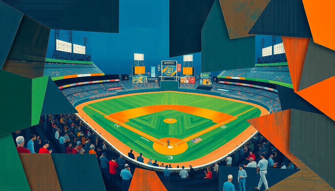 A cubist, geometric painting depicting a baseball game broken down into overlapping planes of navy, green, and orange, conveying the dynamic energy and unexpected success of the Milwaukee Brewers' early-season performance.