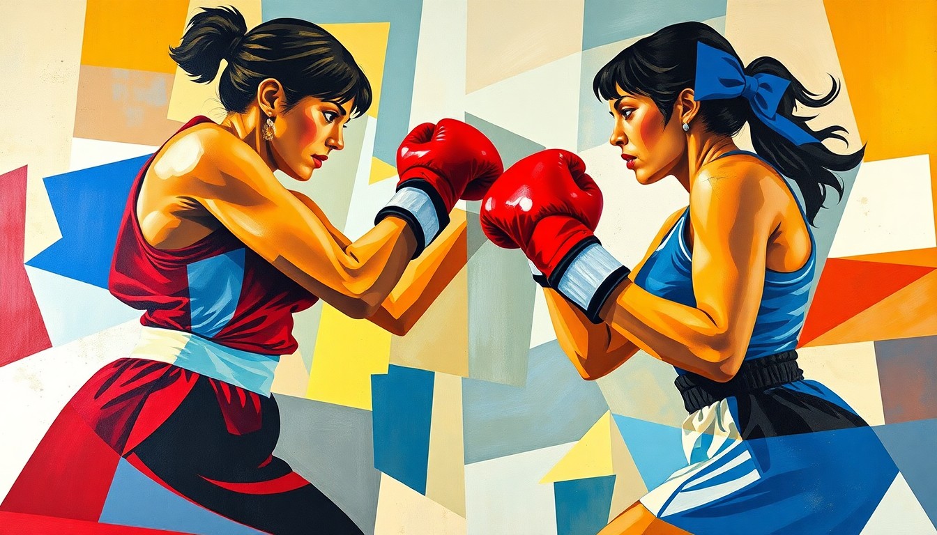 A fractured, multi-perspective painting in bold, overlapping geometric shapes and planes, capturing the dynamic action and energy of a women's boxing match in an abstract, cubist style.