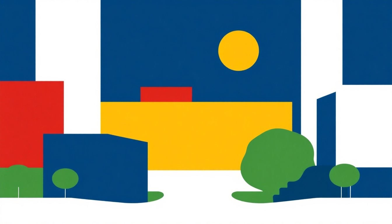 A vibrant abstract illustration composed of overlapping triangles and rectangles in shades of blue, red, and yellow, conceptually representing the activation of an economic development authority to spur new economic opportunities in Fort Valley, Georgia.