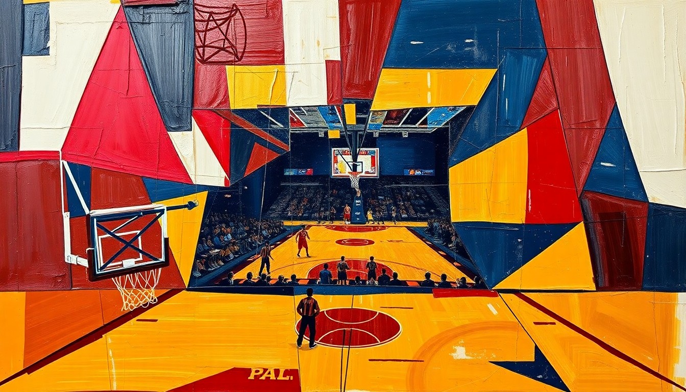 A cubist-style painting featuring overlapping geometric shapes and planes in the colors of the Florida State Seminoles, capturing the dynamic nature of college basketball roster changes.