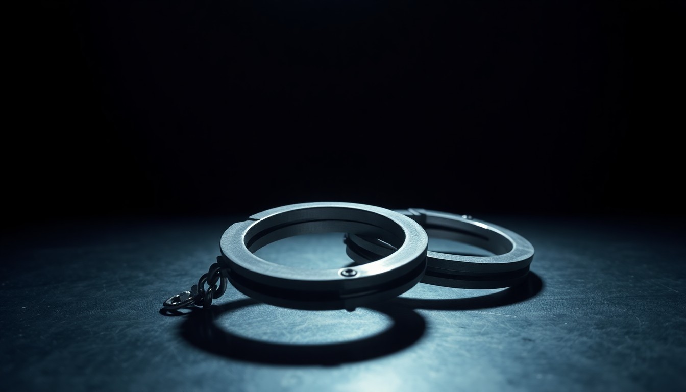 An extreme close-up photograph of a set of handcuffs on a metal surface, lit by a harsh, direct camera flash against a pitch-black background, conceptually illustrating the gritty, investigative nature of an in-custody death.