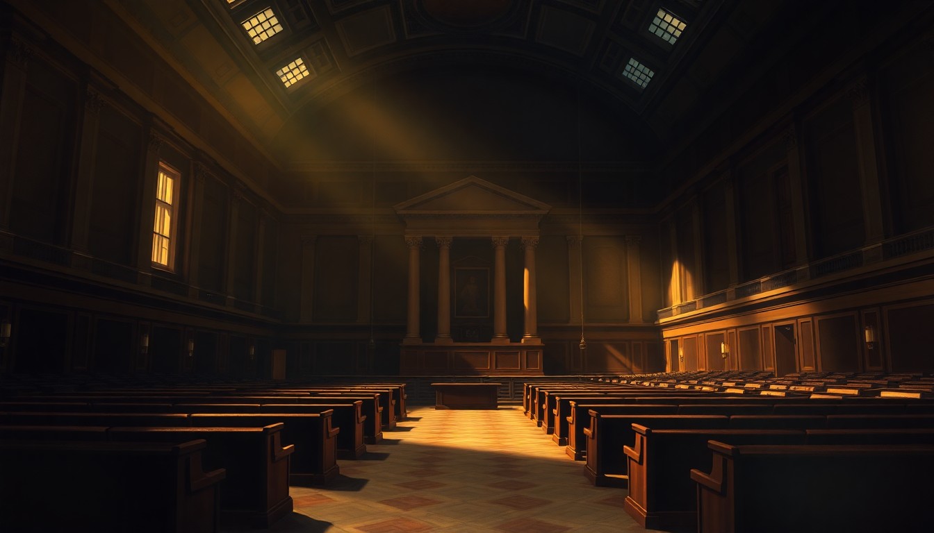A quiet, cinematic painting of an empty government building or legislative chamber, with warm sunlight streaming through the windows and deep shadows covering much of the interior, creating a contemplative and melancholy mood.