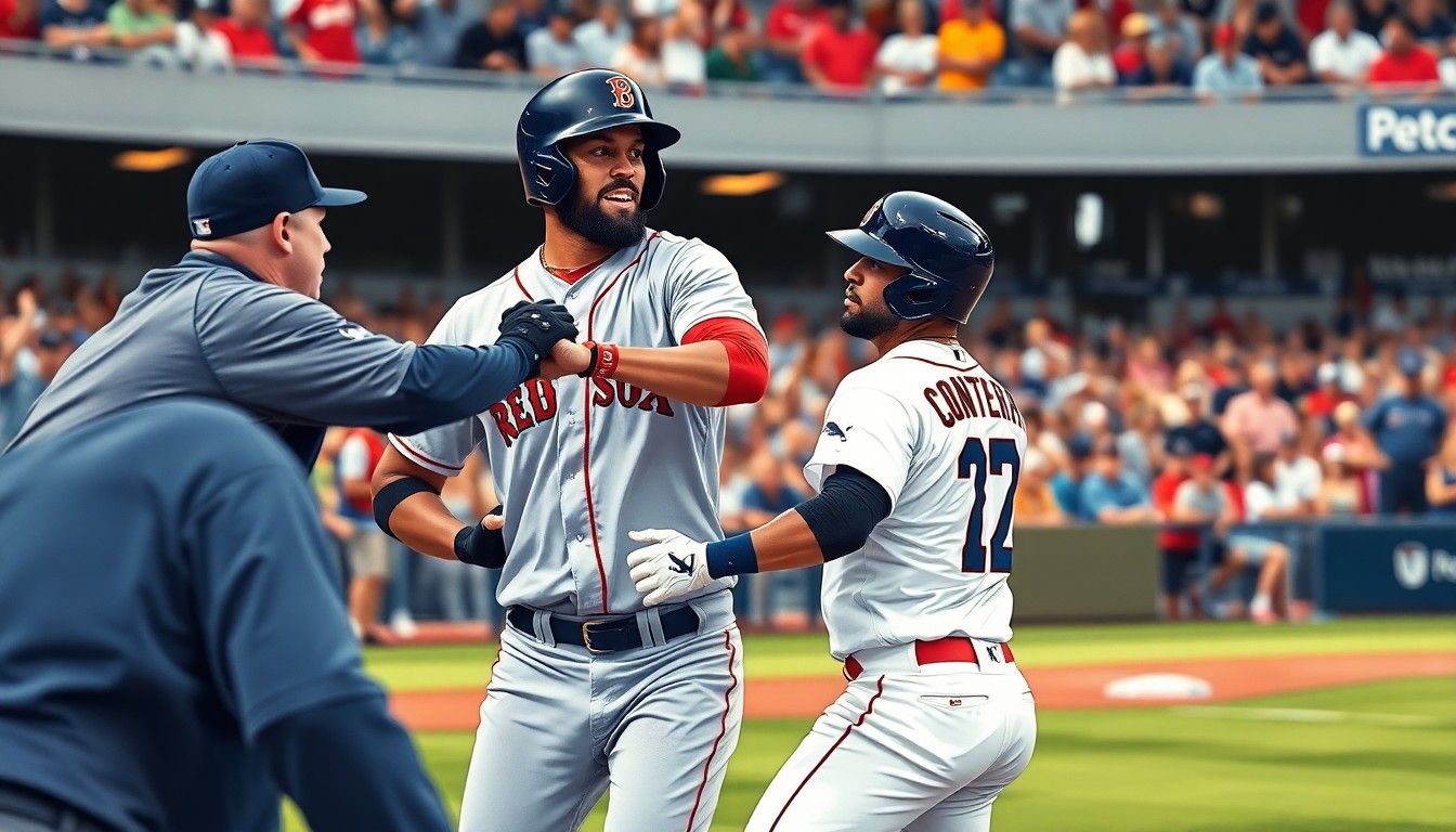 A fractured, multi-perspective painting in the style of Pablo Picasso, breaking down the confrontation between Willson Contreras and the Milwaukee Brewers into sharp, overlapping geometric planes, capturing the raw intensity and physical nature of their rivalry.