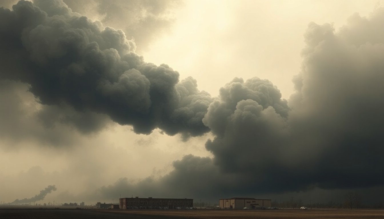 A dramatic landscape painting in muted tones, with a towering column of black smoke rising into an overcast sky, dwarfing the small, indistinct form of a building below, conveying the overwhelming scale and power of the natural disaster.