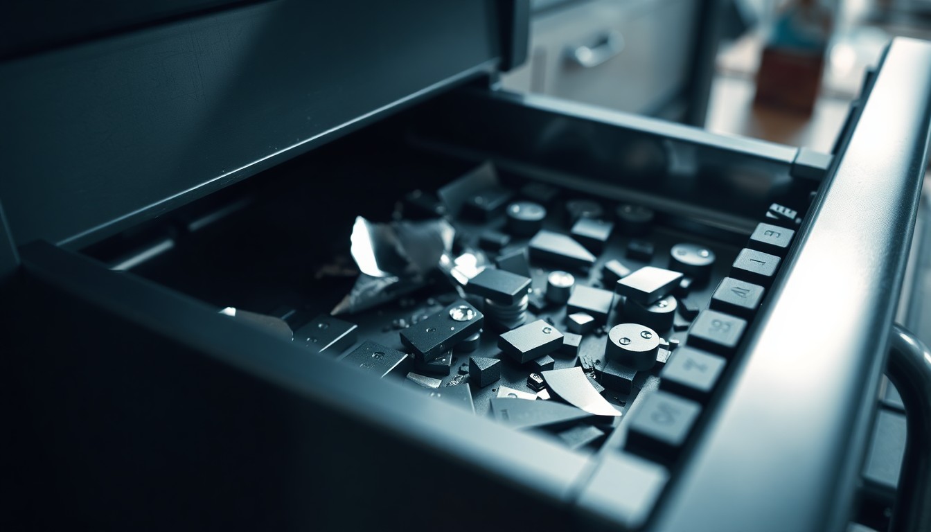 An extreme close-up of a broken cash register drawer, the metal edges reflecting harsh white light, conceptually representing the aftermath of a violent crime against a retail worker.