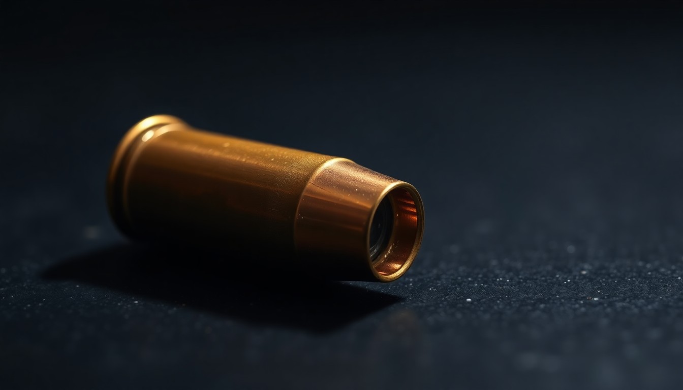 An extreme close-up photograph of a spent shell casing on a dark surface, conceptually illustrating the aftermath of a shooting incident.