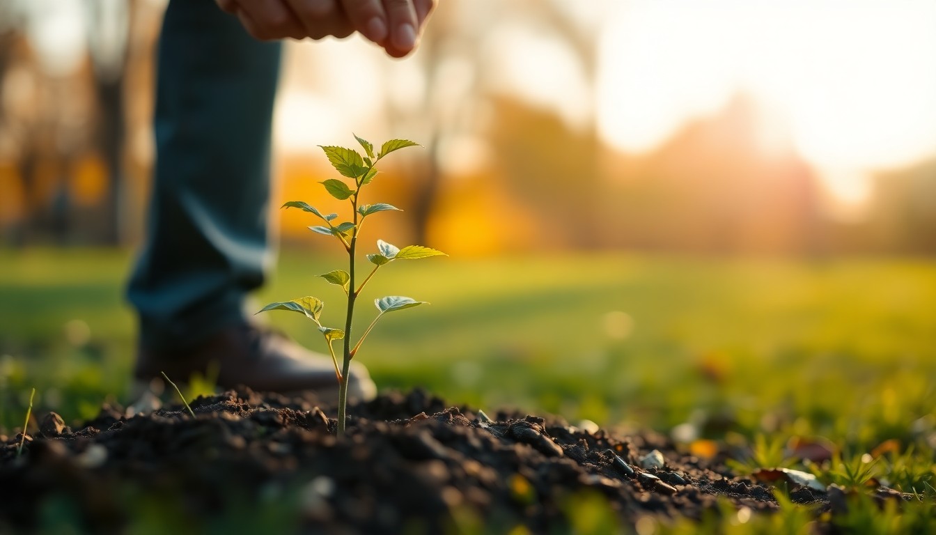 An abstract, impressionistic photograph of a young tree sapling being planted, with the surrounding park landscape blurred into soft, colorful pools of light, conceptually representing a community tree planting event held to honor a loved one.
