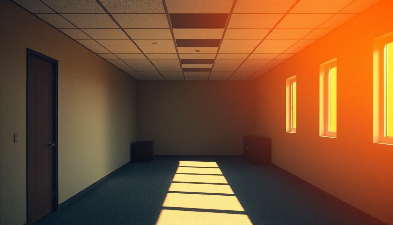 A dimly lit, cinematic painting of an empty university administrative office, with warm sunlight streaming through the windows and deep shadows covering the desk and chairs, conveying a sense of uncertainty and transition.