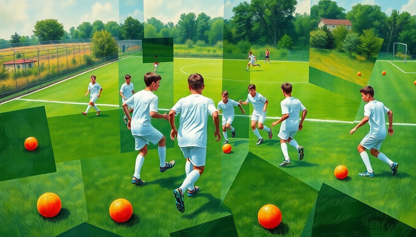A cubist, geometric painting depicting the chaotic action of a high school soccer match, with overlapping planes of green grass, white uniforms, and orange soccer balls, conveying the intensity and energy of the game.