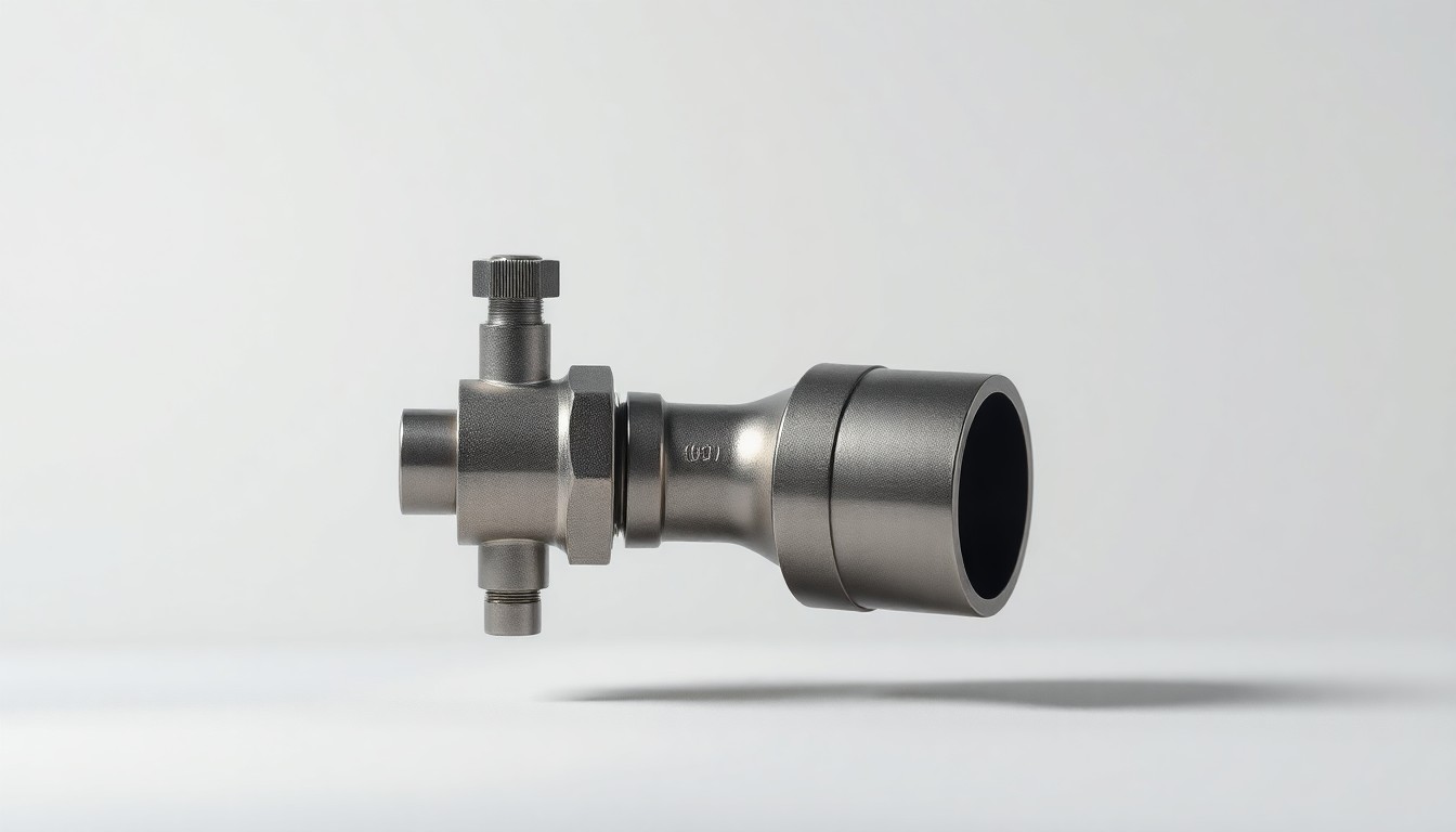 A high-end, photorealistic studio still-life photograph featuring a polished metal compression valve or fitting against a clean, monochromatic background, conveying the technical precision and industrial nature of the compression equipment.