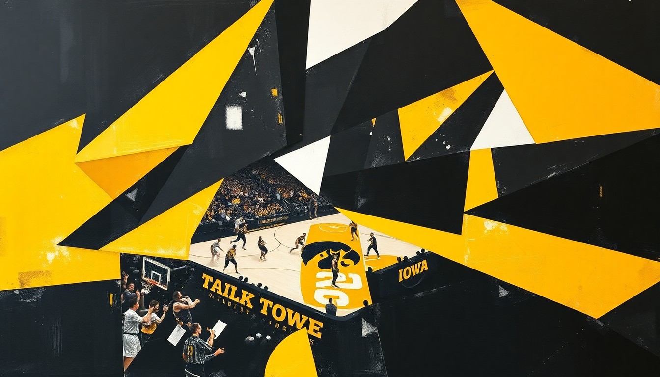 A cubist, geometric painting depicting a basketball game or match, with sharp planes of Iowa's team colors of black, gold, and white overlapping to create a fragmented, multi-perspective visual representation of the sport.