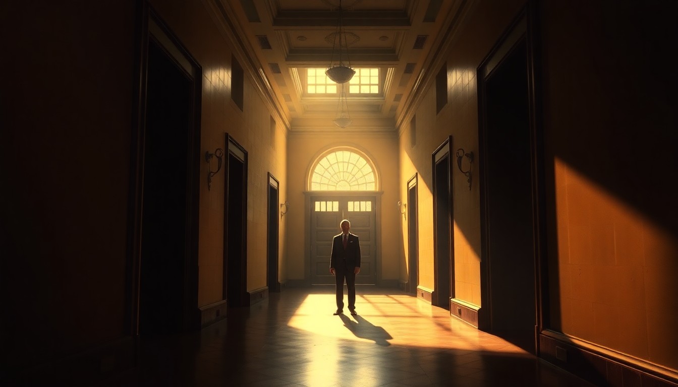 A solitary figure of a politician standing alone in a dimly lit government building hallway, with warm diagonal sunlight and deep shadows creating a cinematic, nostalgic atmosphere.