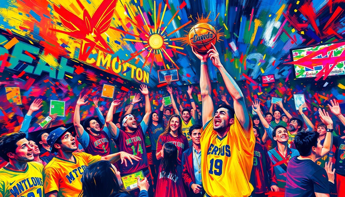 An abstract, expressionist painting featuring vibrant brushstrokes of neon yellow, orange, and blue, capturing the energy and excitement of a homecoming celebration for a championship-winning college basketball team.