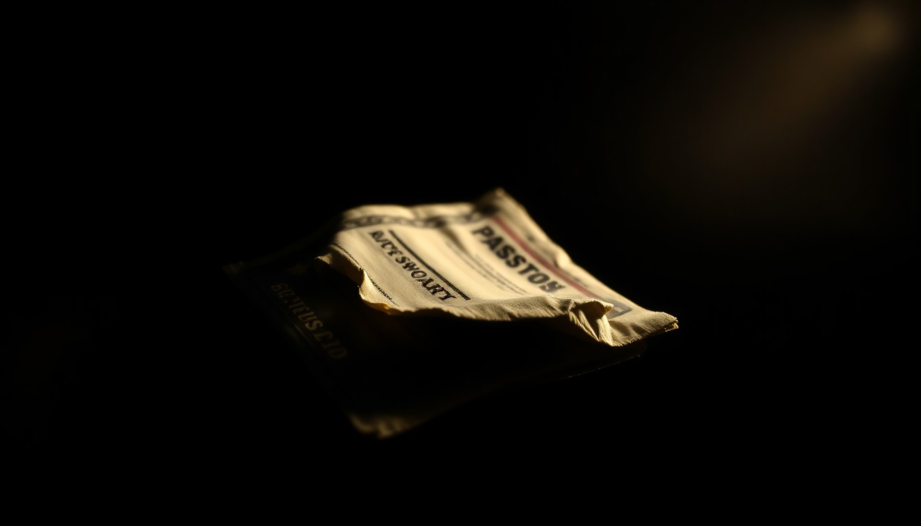 An extreme close-up photograph of a crumpled, discarded passport or ID document, lit by a harsh, direct camera flash against a pitch-black background, conceptually representing the dangerous realities of human smuggling.