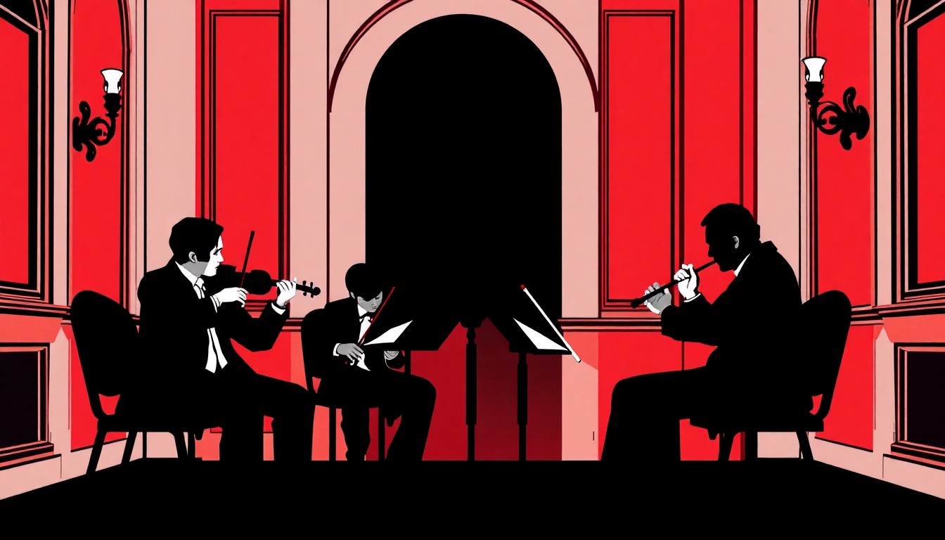 A minimalist, abstract illustration featuring bold, jagged shapes in black, white, and red, conceptually representing a string quartet performance in an elegant, historic setting.