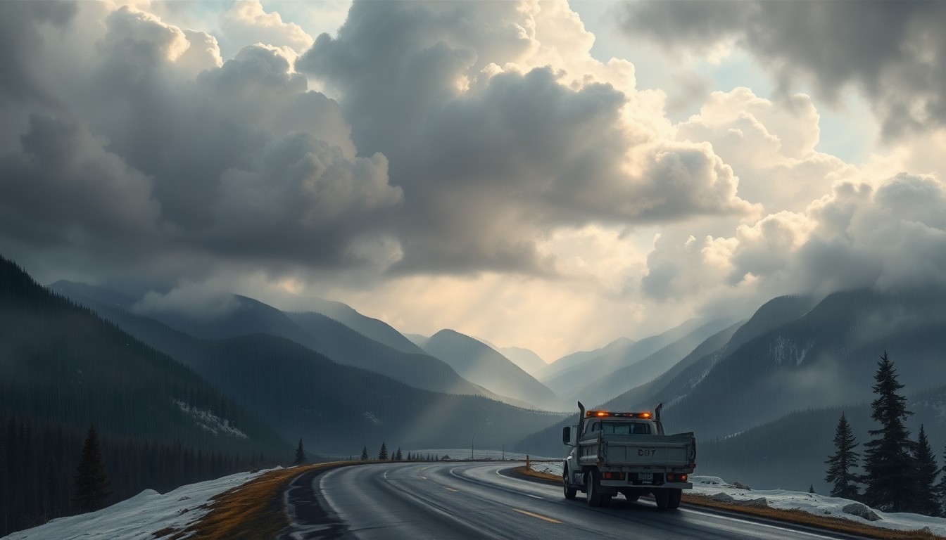A vast, atmospheric landscape painting depicting a winding mountain road with an ODOT snowplow truck dwarfed by towering, cloud-filled skies, conveying the overwhelming scale of Oregon's natural environment and the challenges ODOT faces in managing statewide transportation infrastructure.
