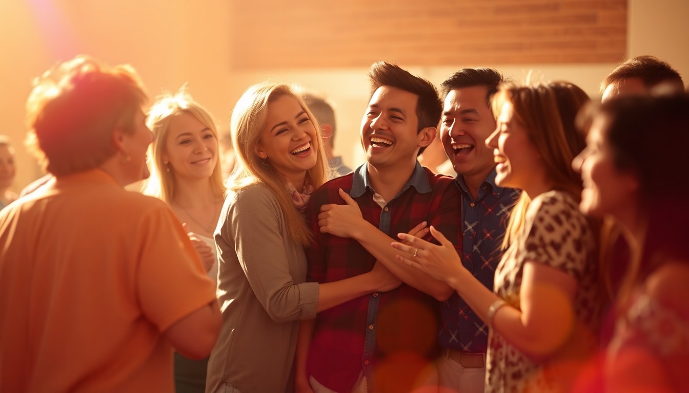 A blurred, impressionistic photograph showing the joyful reunion of a group of people at a high school class reunion, with the edges of the frame softened into abstract shapes and colors.