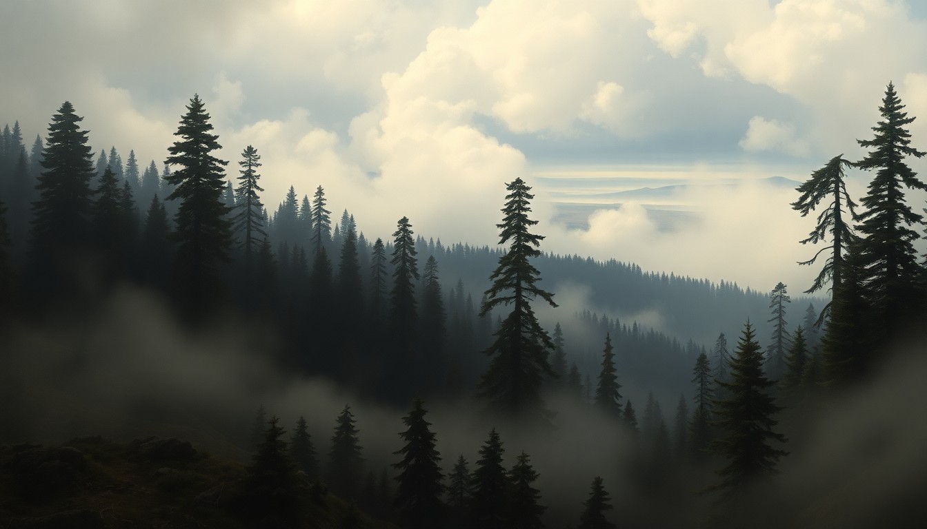 A vast, atmospheric landscape painting in muted greens, grays, and blues, depicting a dense, fog-shrouded forest with towering pines and a glimpse of a distant mountain range, conveying the overwhelming, sublime scale of the natural world.