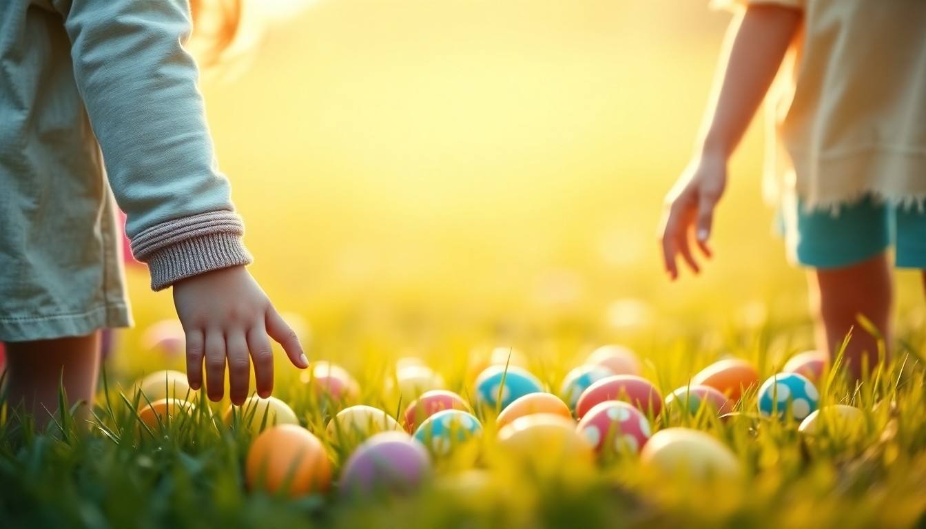 An abstract, impressionistic photograph showing blurred, colorful shapes of Easter eggs and children's hands reaching to collect them, conveying the festive energy of a community celebration.
