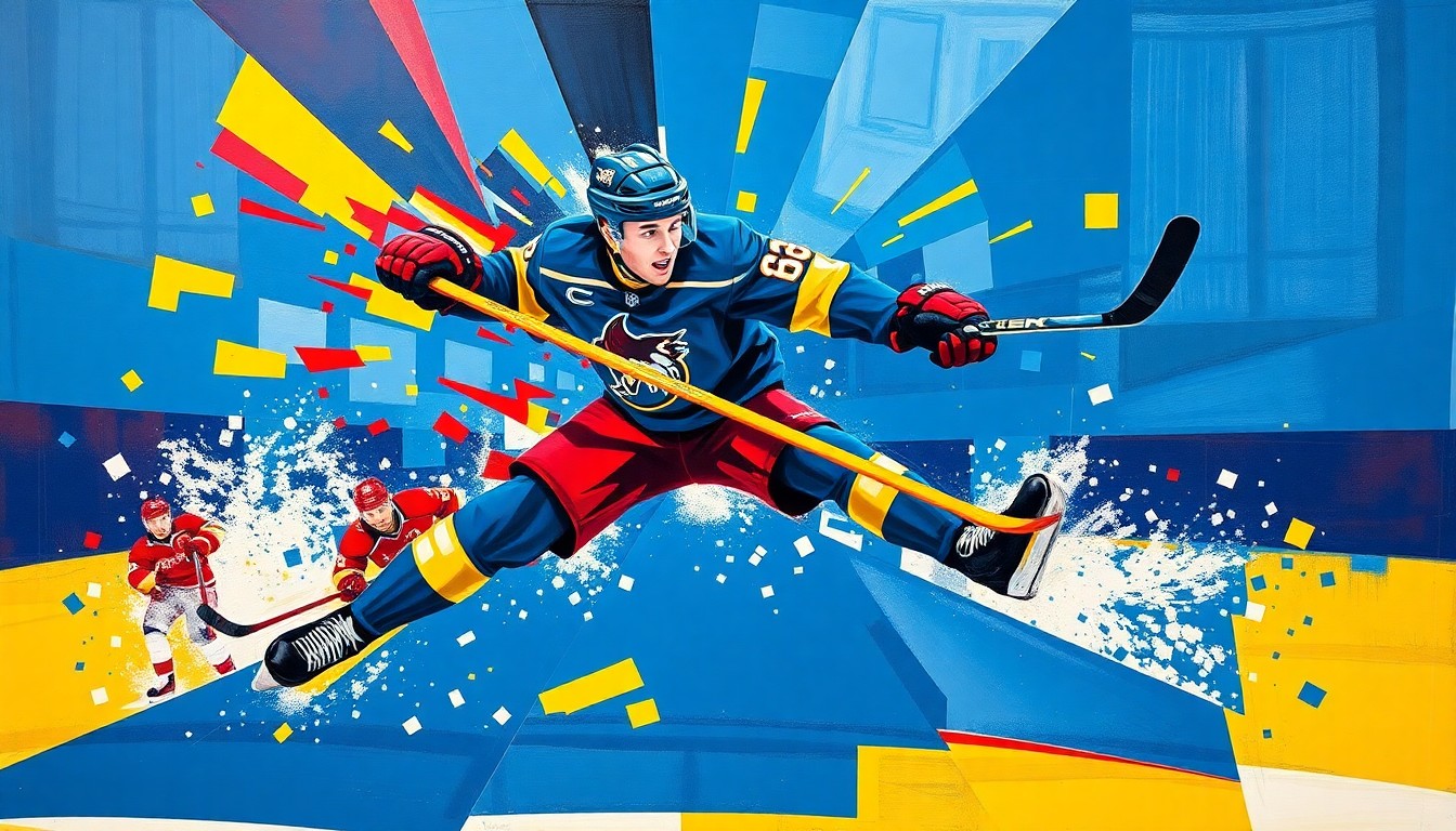 A cubist-style painting depicting a hockey player's movements broken down into sharp, overlapping geometric shapes in the team's colors of blue, red, and yellow, conceptually representing the skilled and strategic play of the Walleye's captain.