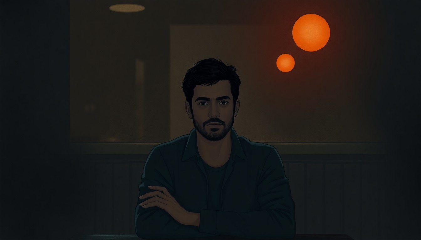 A moody, cinematic painting of a lone figure sitting in a dimly lit cafe, their face partially obscured by shadows, conveying a sense of unease and uncertainty about the state of US-Iran relations.