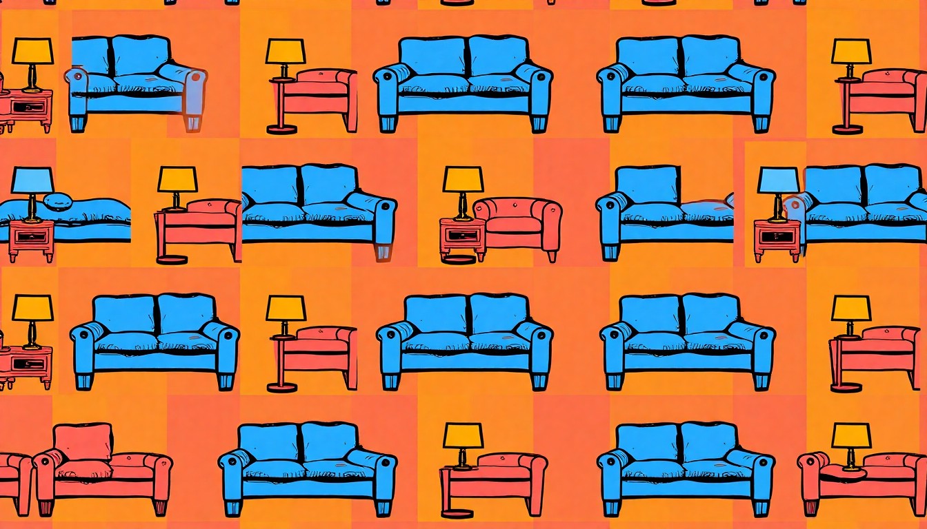 A brightly colored, high-contrast silkscreen print of a single, iconic home furnishing item such as a couch or lamp repeated in a tight grid pattern, conceptually representing the diverse home goods provided by the nonprofit Make It Home to furnish homes for those in need.