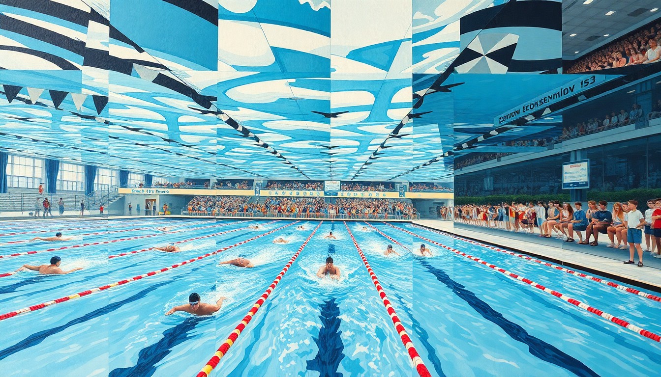 A cubist, geometric painting depicting the chaotic energy and overlapping perspectives of a high school swim meet, with fragmented shapes representing swimmers, spectators, and the pool itself.