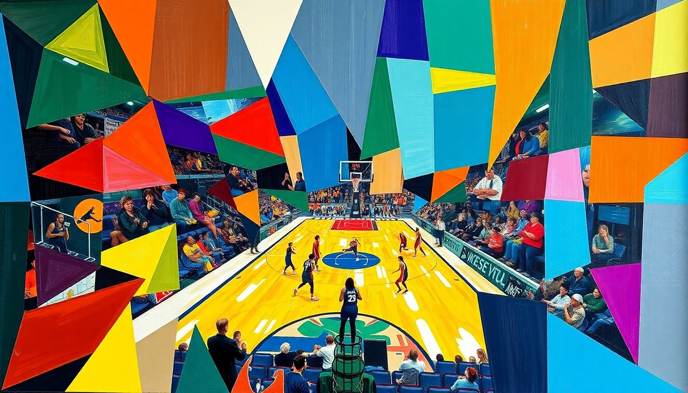 A fragmented, cubist-style painting depicting a WNBA basketball game, with the players and court broken down into overlapping geometric shapes in the team's colors, conceptually representing the roster shakeup of the trade.