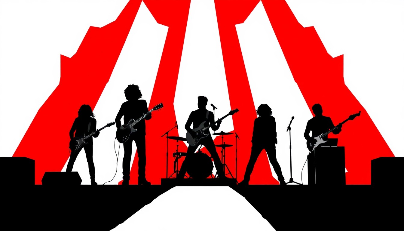 A minimalist, abstract illustration featuring jagged black silhouettes of a rock band performing on a stage, set against a high-contrast background of solid red and white colors, conceptually representing the excitement of a major musical act coming to the Delaware County Fair.