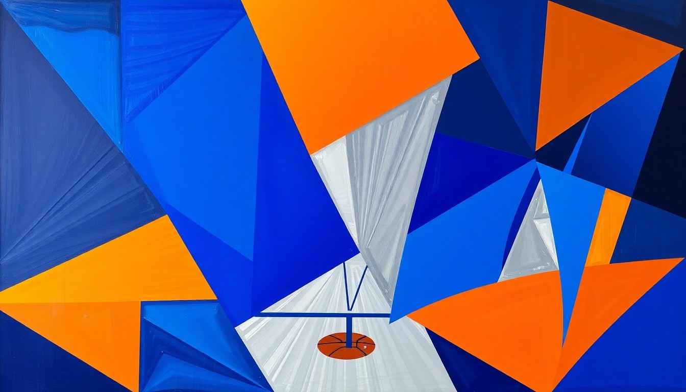 A fragmented, cubist-style painting depicting a WNBA basketball game, with the players and court broken down into sharp, overlapping geometric shapes in a palette of bold blues, oranges, and silvers, conceptually representing the challenges and complexities of player health in the league.