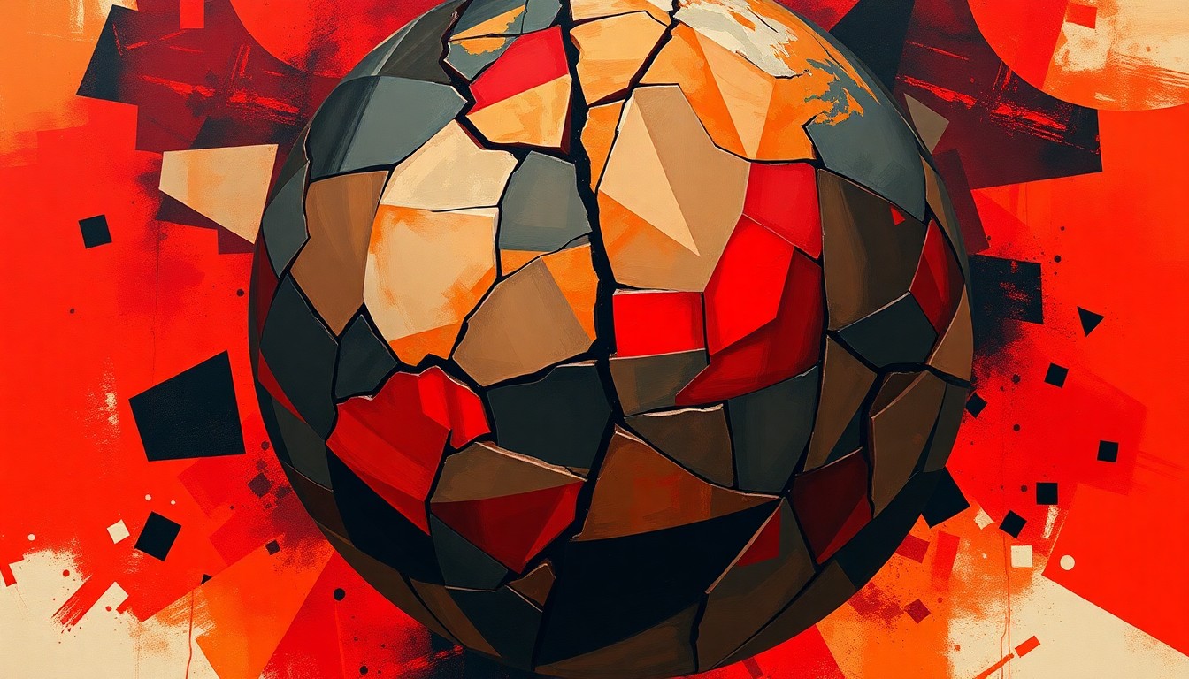 A heavily textured, fragmented painting in shades of red, orange, and black depicting a cracked and damaged globe, conveying a sense of political instability and the threat of global conflict.