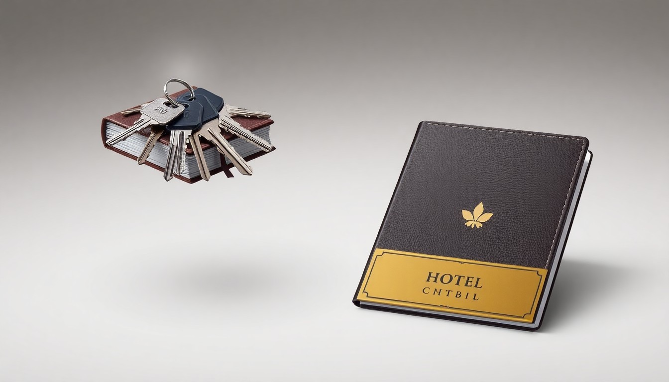 A minimalist studio photograph featuring a stack of hotel room keys, a leather-bound ledger, and a gold-plated hotel nameplate floating on a clean, monochromatic background, symbolizing the financial operations and brand prestige of a leading global hotel chain.