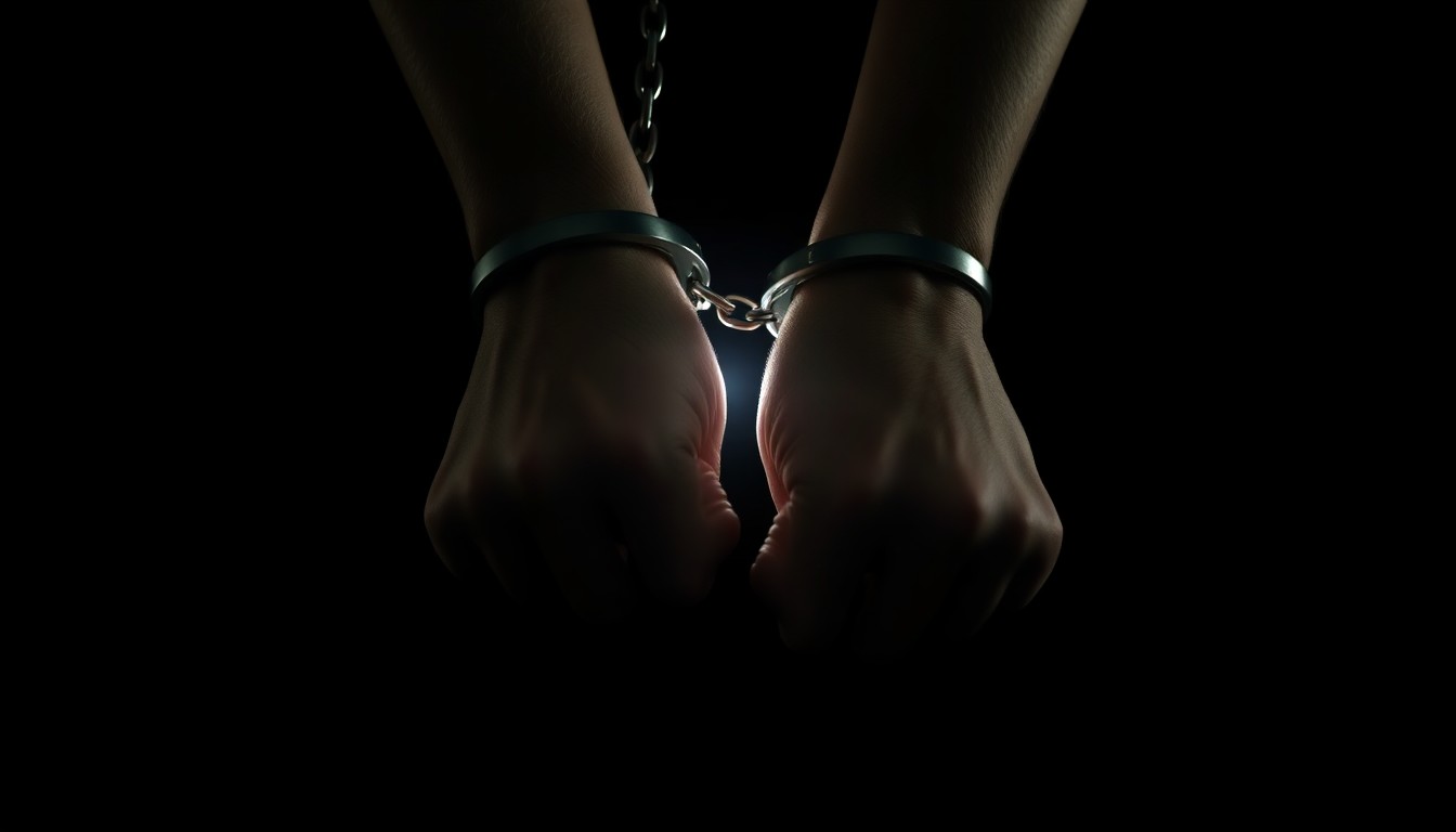 An extreme close-up of a pair of handcuffed hands, the harsh lighting and stark black background creating a gritty, investigative aesthetic that conceptually represents the disturbing nature of the alleged crimes.