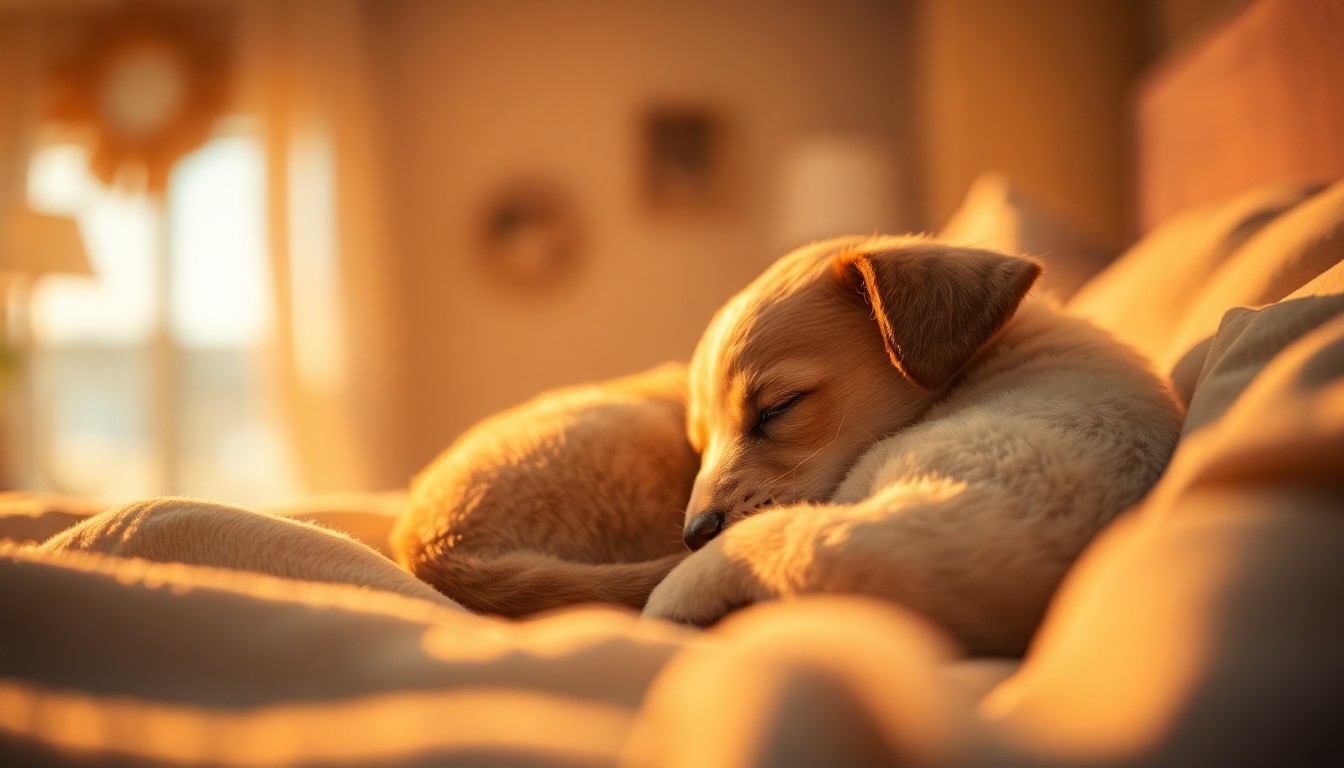 An extremely abstracted, out-of-focus photograph of a sleeping puppy in a soft, warm bed, surrounded by a blurred, hazy domestic setting, conveying a sense of comfort and care.