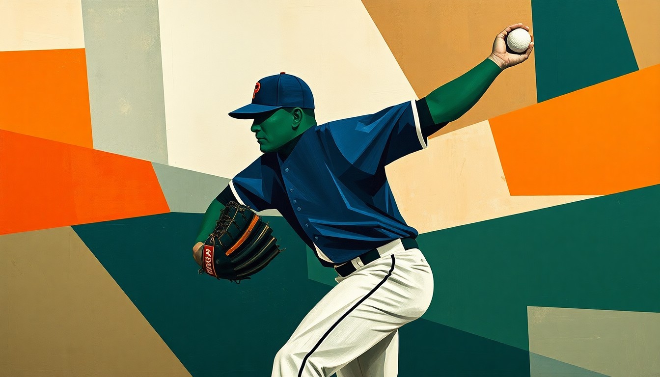 A fragmented, cubist-style painting depicting a baseball pitcher's throwing motion broken down into sharp, overlapping geometric shapes in a palette of navy, forest green, and burnt orange, conveying the disruption caused by Cade Horton's season-ending elbow injury.