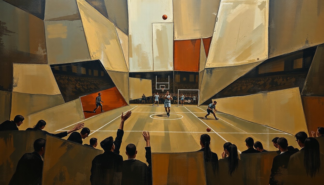 A cubist, geometric painting depicting overlapping, fragmented shapes and planes in muted earth tones, conceptually representing the complex personal and professional dynamics between a sports coach and a reporter.