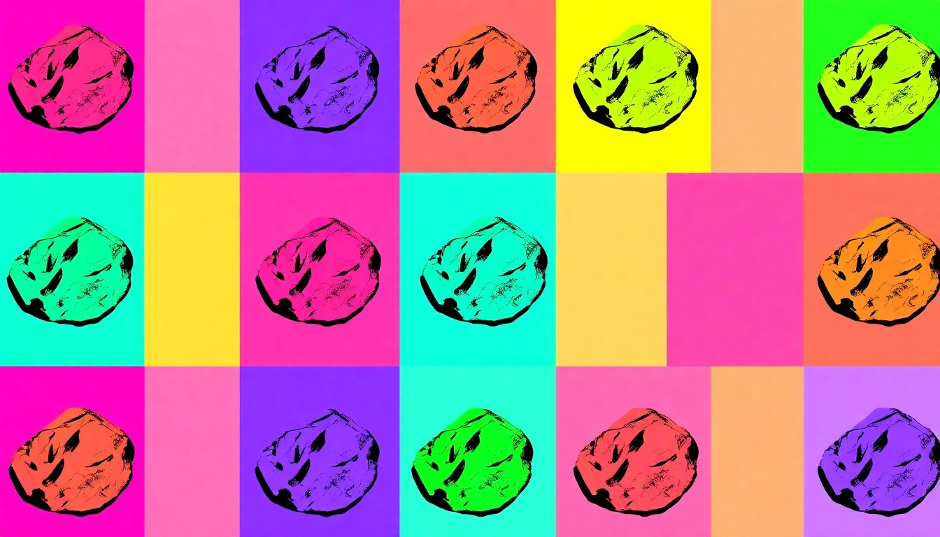 A bold, colorful silkscreen print featuring a repeated pattern of a single, iconic rock or mineral specimen in vibrant neon hues, conceptually representing the popularity of rock collecting as a hobby in Michigan.