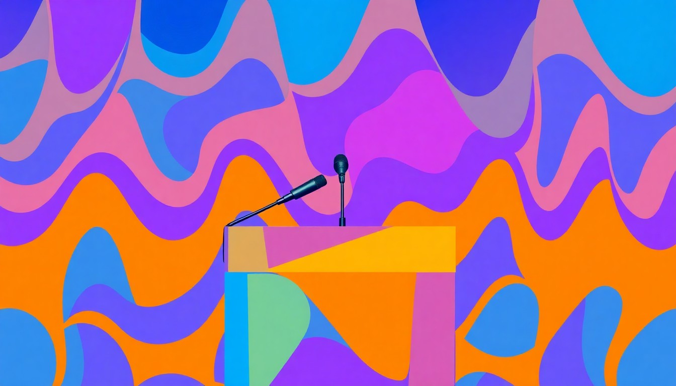 A dynamic, abstract painting featuring a fragmented, repeating image of a podium with a microphone, rendered in bold, clashing colors that convey a sense of political friction and debate.