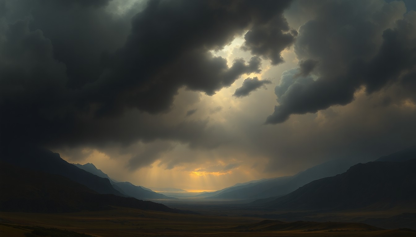 A sweeping, atmospheric landscape painting in muted tones of gray, blue, and gold, with a massive, turbulent sky dominating the frame and dwarfing the small, indistinct structures below, conveying the overwhelming power of an impending storm.