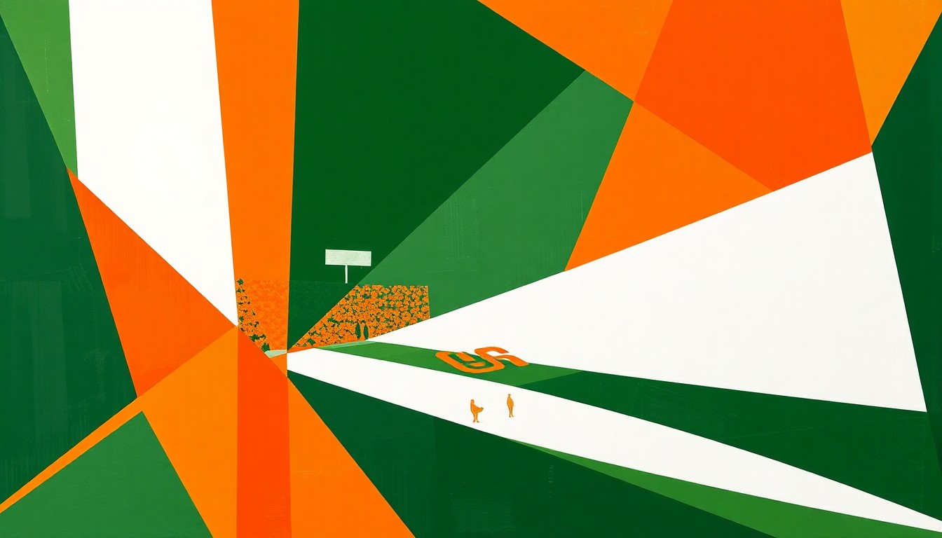 A fragmented, geometric painting depicting an Oregon State football game, with sharp planes of green, orange, and white overlapping to create a dynamic, multi-perspective scene.